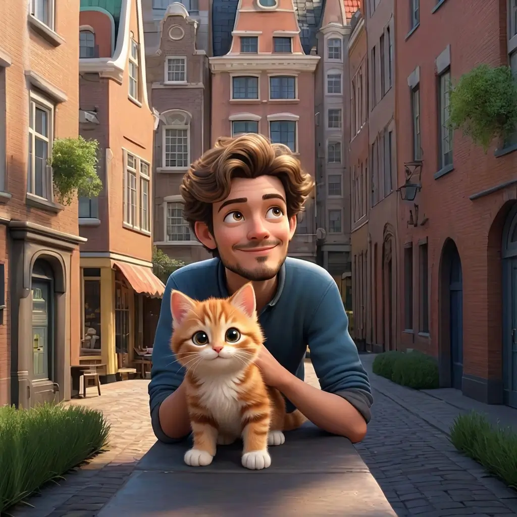 3D-animated book illustration of a young man and a ginger kitten on a cobblestone street